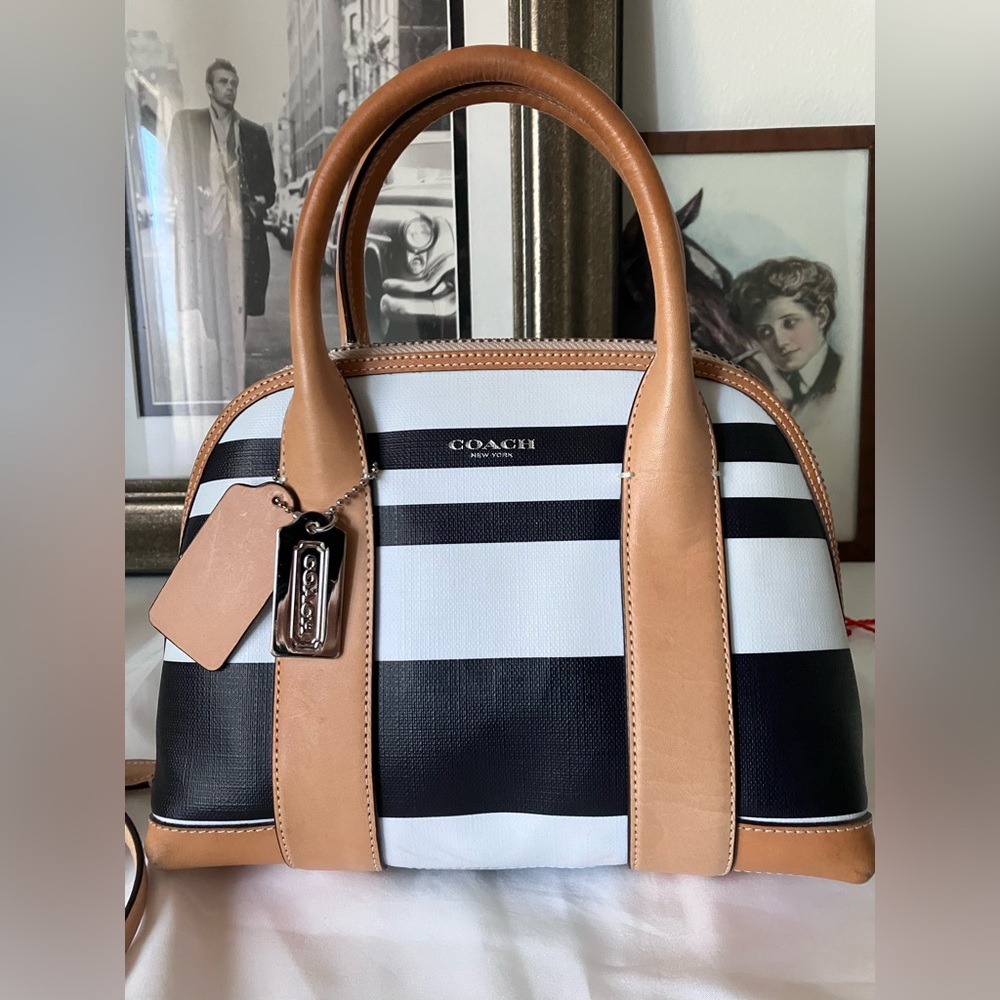Coach Bleecker Mini Preston black & white striped coated canvas w/ leather trim